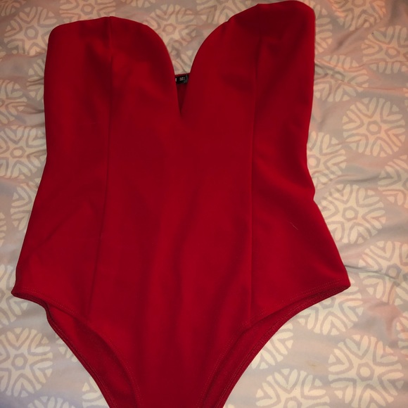 red strapless bodysuit
